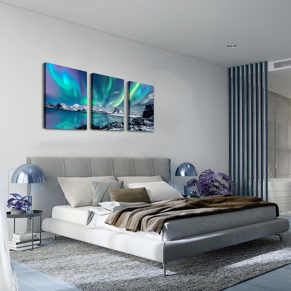 MHARTK66 Wall Art for Bedroom Wall Decor for Living Room Office Decor Abstract Mountain Aurora Landscape Painting 3 Piece Scenic Framed Canvas Art Prints Ready to Hang Kitchen Wall Pictures Home Decor