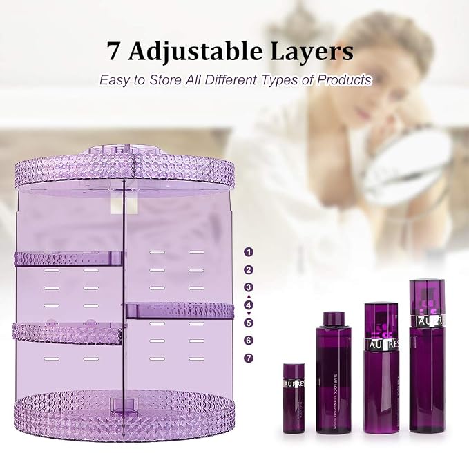 Awenia Makeup Organizer 360-Degree Rotating, Adjustable Makeup Storage, 7 Layers Large Capacity Cosmetic Storage Unit, Fits Different Types of Cosmetics and Accessories, Plus Size(Purple)