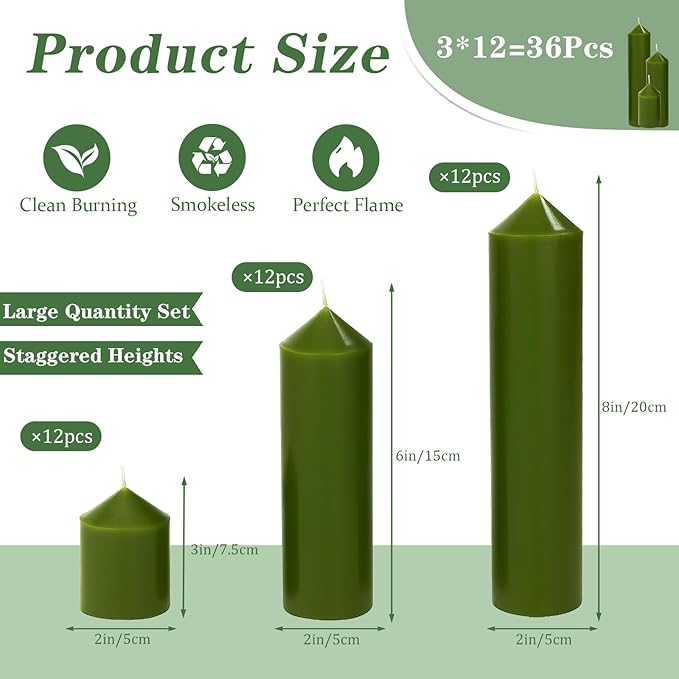36 Pcs Green Pillar Candles Bulk Set，Hurricane Candlesï¼? Different Lengths (12 Each)，Dripless Unscented Smokeless，Gives You a Better Atmosphere When Organizing Wedding or Event Party.