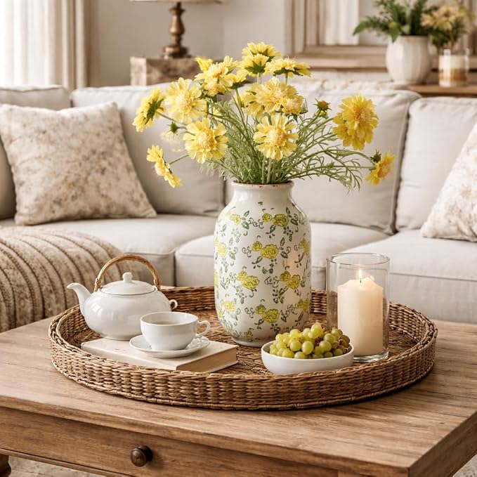 SIDUCAL Ceramic Vintage Pastoral Vase, 8.78 Inch Chinoiserie Floral Vase, Retro Ice Cracked Rustic Farmhouse Vases for Home Decor, Living Room, Bookshelf, Office, Tuscan Decor, Yellow Rose Pattern
