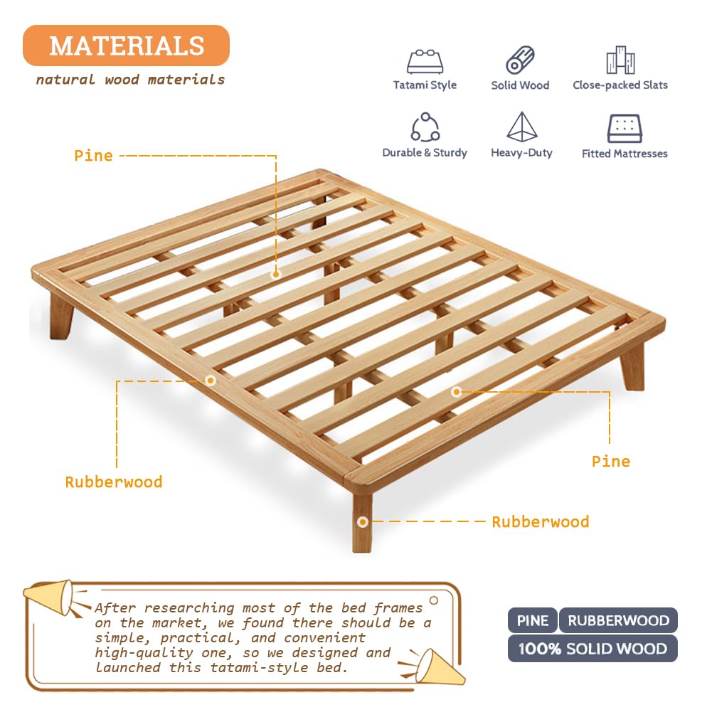 NELYE King Platform Bed Base - 14 Inch Solid Wood Mattress Foundation with Support Slats and Legs, King-Size Rubberwood Simple Bed Frame