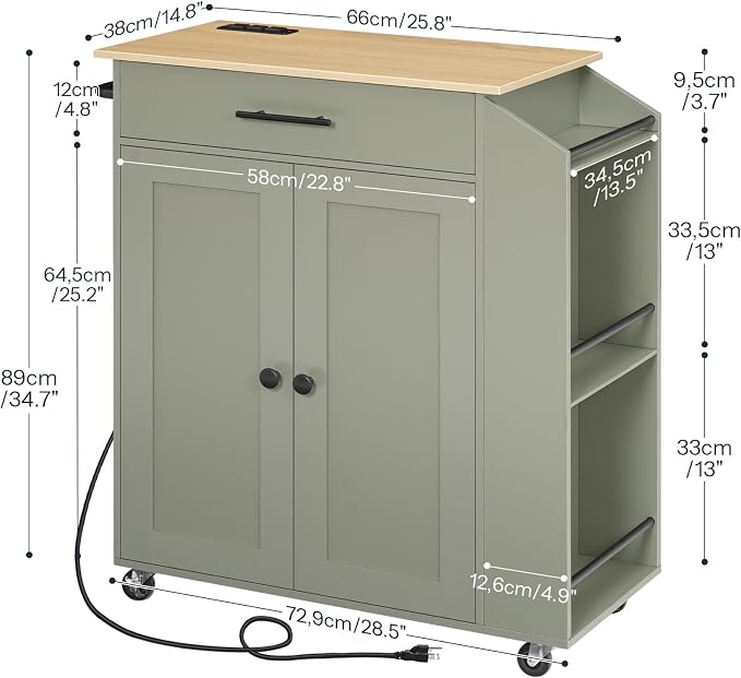 HOOBRO Kitchen Island with Power Outlet, Storage Island with Spice Rack and Drawer, Rolling Kitchen Cart on Wheels, for Home, Dining Room, Natural and Green JN82UZD01G1