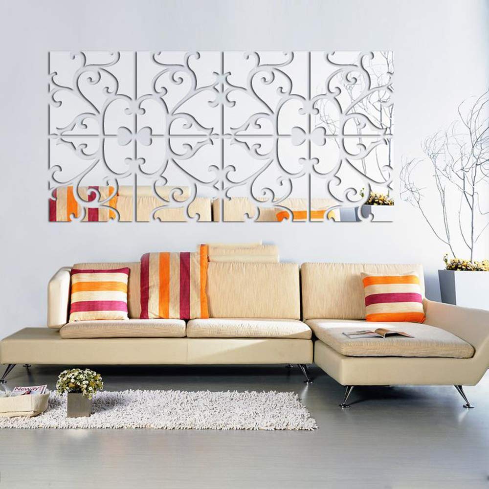 3D Mirror Wall Stickers, Acrylic Square Geometric Pattern DIY Art Decals, Self Adhesive Mirror Plastic Wall Sheet Tiles Home Decoration for Living Room Bedroom Stair Wall Decor (Floral- 8pcs)