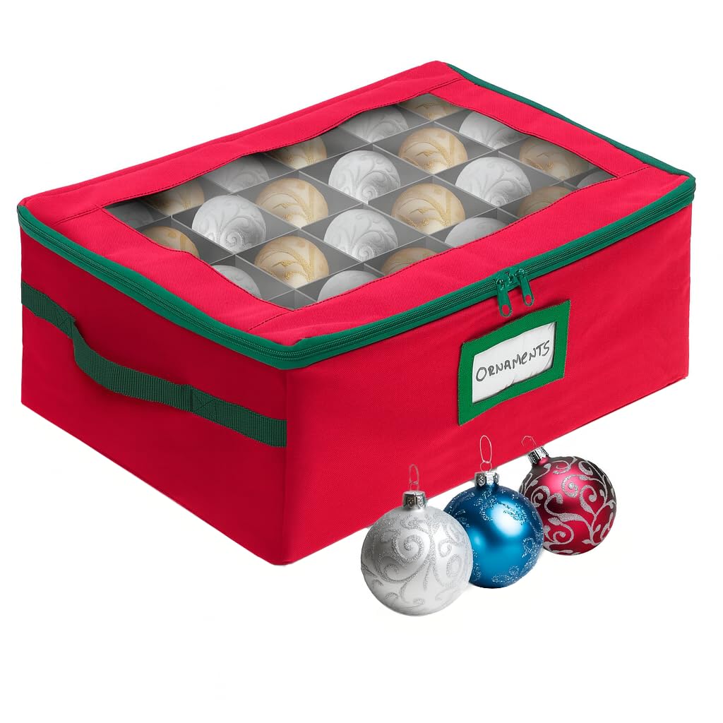 HOLDN’ STORAGE Christmas Ornament Storage Box with Dividers - Fits 48-3” Ornaments, 2 Removable Trays, Durable & Space-Saving, Clear Top Lid, Fits Underbed, Red