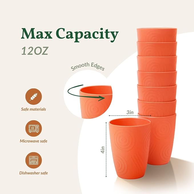 Homienly 8-Pack Plastic Cups Alternative, Reusable Drinking Cup Set 12 OZ, Unbreakable Wheat Straw Cups for Kitchen, Outdoor, RV, Dishwasher Safe Water Tumblers for Milk, Smoothies, Juice(Orange)