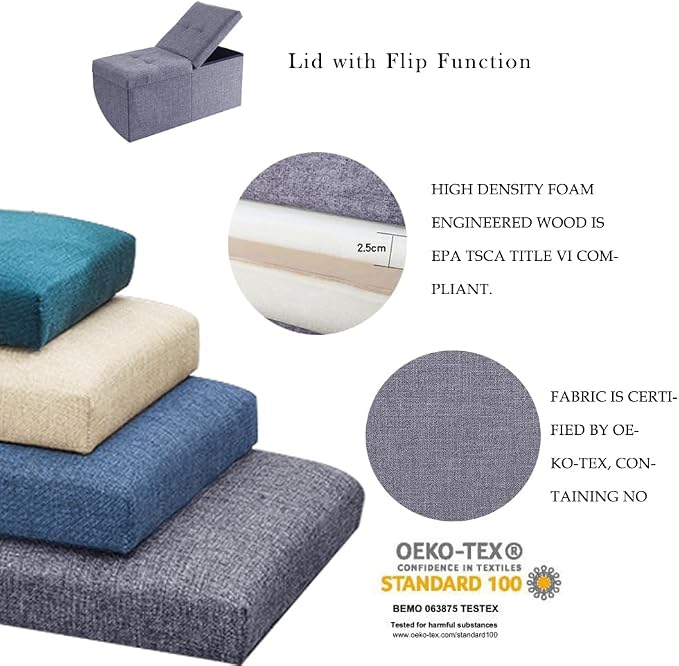 Storage Ottoman Bench Foldable Seat Footrest Shoe Bench End of Bed Storage with Flipping Lid, 75L Storage Space, 30 inches Linen Fabric Emerald, OT026DGN