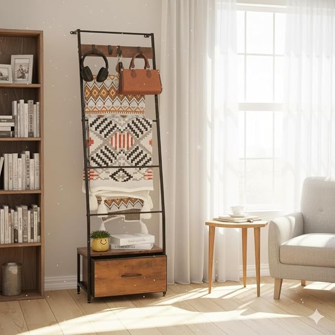 Metal Blanket Ladder with Storage Drawer, 5 Tier Black Blanket Ladders for the Living Room with Hooks, 5.2ft Wall Leaning Quilt Ladder for Blankets, Towels & Throws, Farmhouse Decor