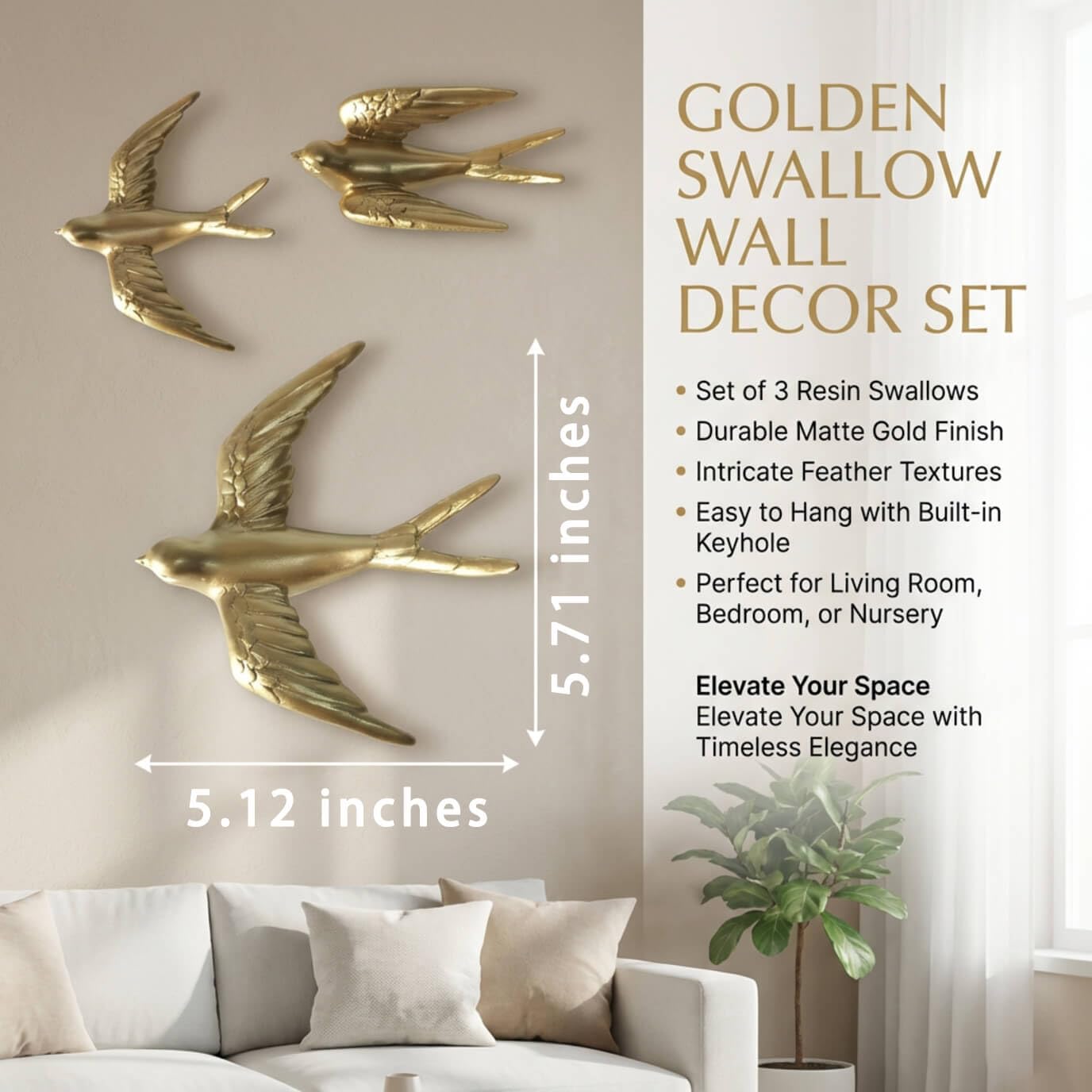 ZASEUCI Bird Wall Sculpture Art Set of 3, 5.1 Inch Resin 3D Sculpted Birds, Hanging wall decor and Elegant wall art for Home, Stylish wall art for living room