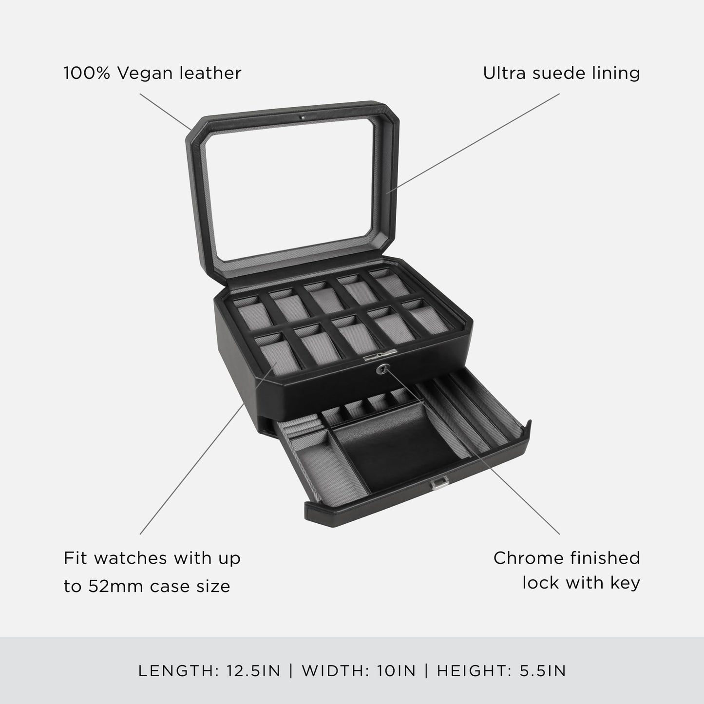 WOLF Windsor 10-Piece Watch Box with Drawer, Black - Features 10 Watch Compartments, Eight Ring Rolls & 17 Jewelry Compartments - Vegan Leather Exterior