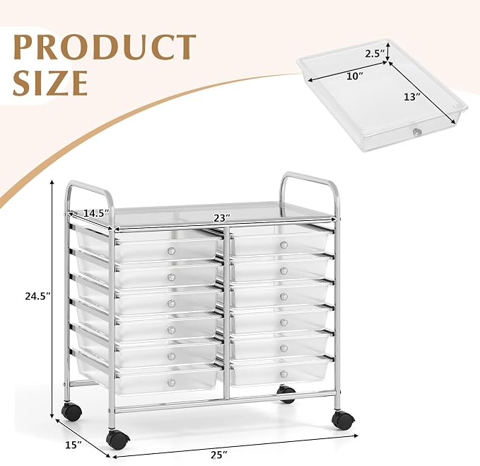 COSTWAY 12-Drawer Rolling Storage Cart, Utility Storage Organizer Cart for Tools, Scrapbook, Paper, Craft, Multipurpose Art Supply Organizer on Wheels for Home Office School, Teacher, Clear