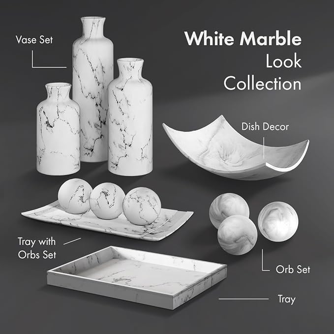 Creative Scents White Marble Look Home Decor Tray and Orb Set Coffee Table Decor for Living Room Centerpiece Table Decorations for Dining Table, Kitchen, Foyer, Entryway Elegant House Decoration