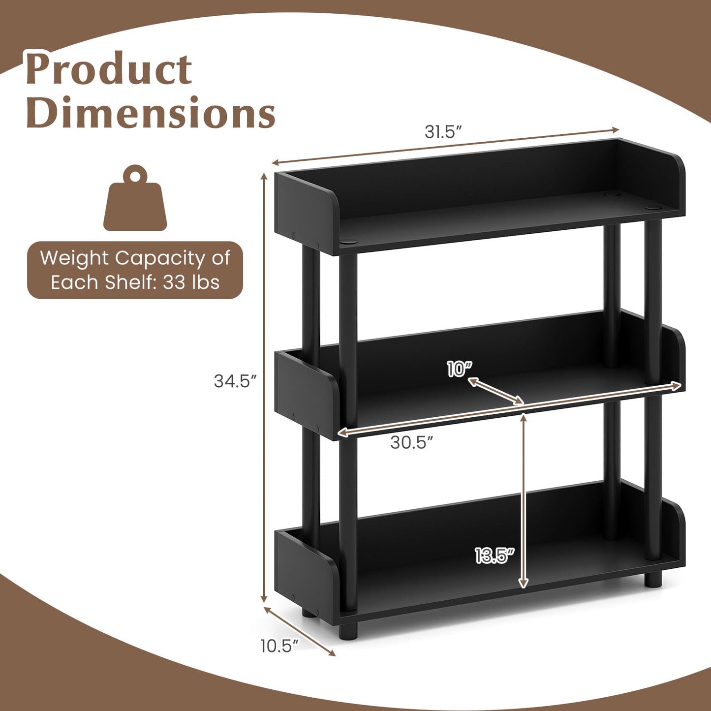 Tangkula 3-Tier Bookshelf, Multipurpose Wood Standing Display Rack with Back and Side Panels, Industrial Open Bookcase, Storage Organizer for Living Room Kitchen Office (Black, 1 Pack, 3-Tier)