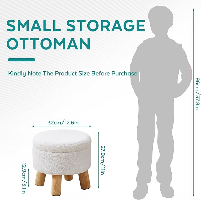Small Ottoman with Storage, Small Storage Ottoman Round, Sherpa Foot Stool with Legs, Ottomans and Footstools for Living Room and Entryway (White)
