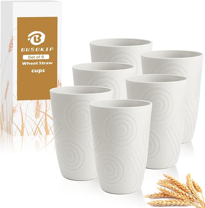 Wheat Straw Cups 16 OZ - Unbreakable Drinking Cup Set of 6 Plastic Cups Reusable Lightweight Glasses Drinking Cup Microwave & Dishwasher Safe Water Glasses Tumbler - White