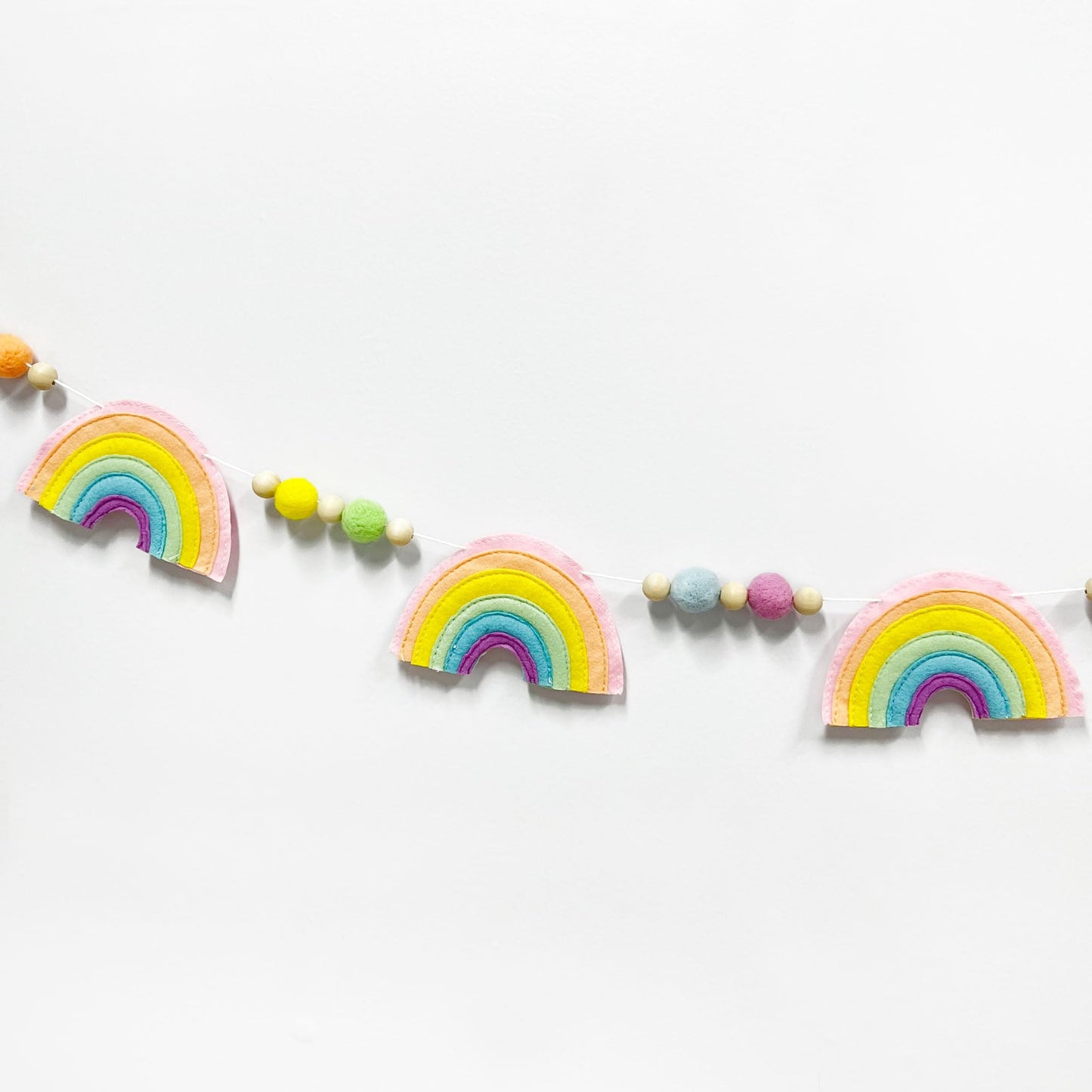 Pastel Pre-Strung Rainbow Banner Felt Wool Ball Wood Beads Garland Macaron Rainbow Garland for Women Kids Girls Unicorn Magic Birthday Party Decorations Sign Party Photo Prop Decor Supplies
