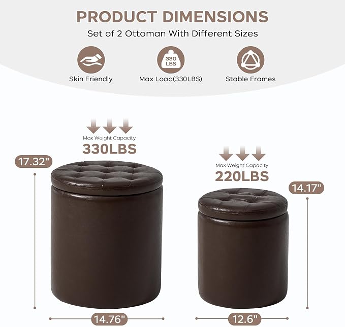 oakvivo Round Set of 2 14.76" L x 14.76" W x 17.32" H Faux Leather Ottoman with Storage, Small Foot Rest Storage Ottomen with Lid Living Room, Bedroom Vanity Stool Chair, Coffee