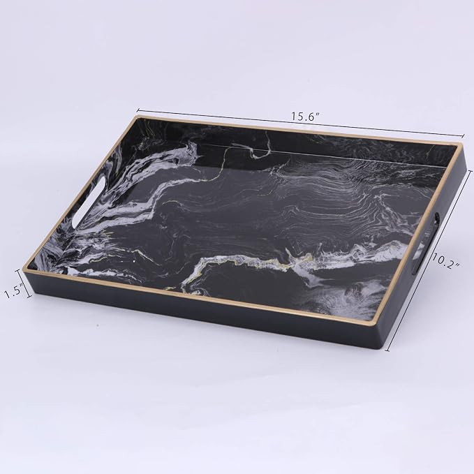 Decorative Tray, Marbling Plastic Tray with Handles, Rectangular Vanity Tray and Serving Tray for Bathroom, Kitchen, Ottoman and Coffee Table, 15.6” x 10.2”, Black