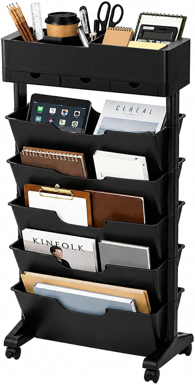 5 Tier Rolling Utility Cart Multi-Functional Movable Storage Book Shelves with Lockable Casters for Study Office Kitchen Classroom, White (Black, with Wheel)