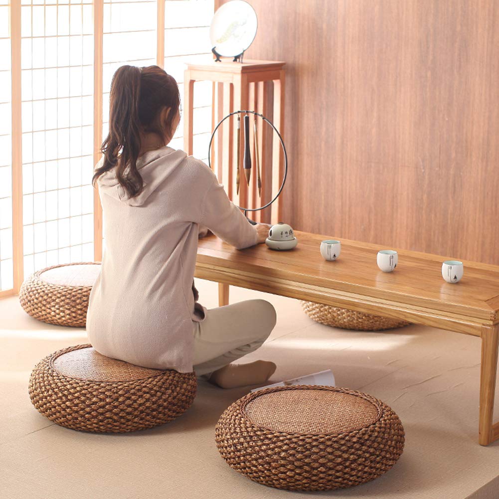 Fnskatzici Japanese Style Rattan Floor Cushion - 6.7" Thick Hand-Woven Straw Tatami Floor Pillow & Meditation Seat - Round Pouf Ottoman with Sponge Filling for Yoga, Zen Room, Balcony (15.7 Inch)
