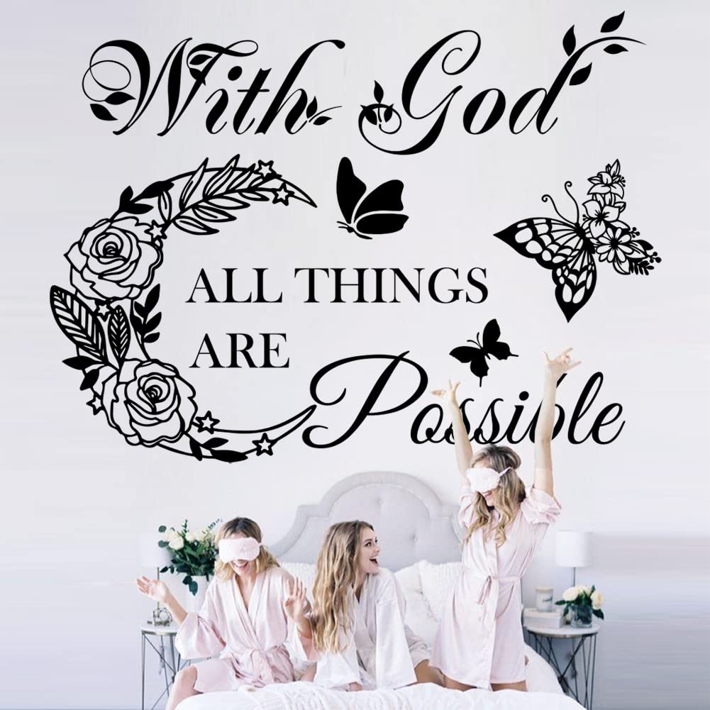 Inspirational God Things are Possible Vinyl Wall Sticker Peel and Stick Quote Bible Sticker Christian Wall Decor Quote Wall Art Stickers for Home Walls Living Room Bedroom Decoration
