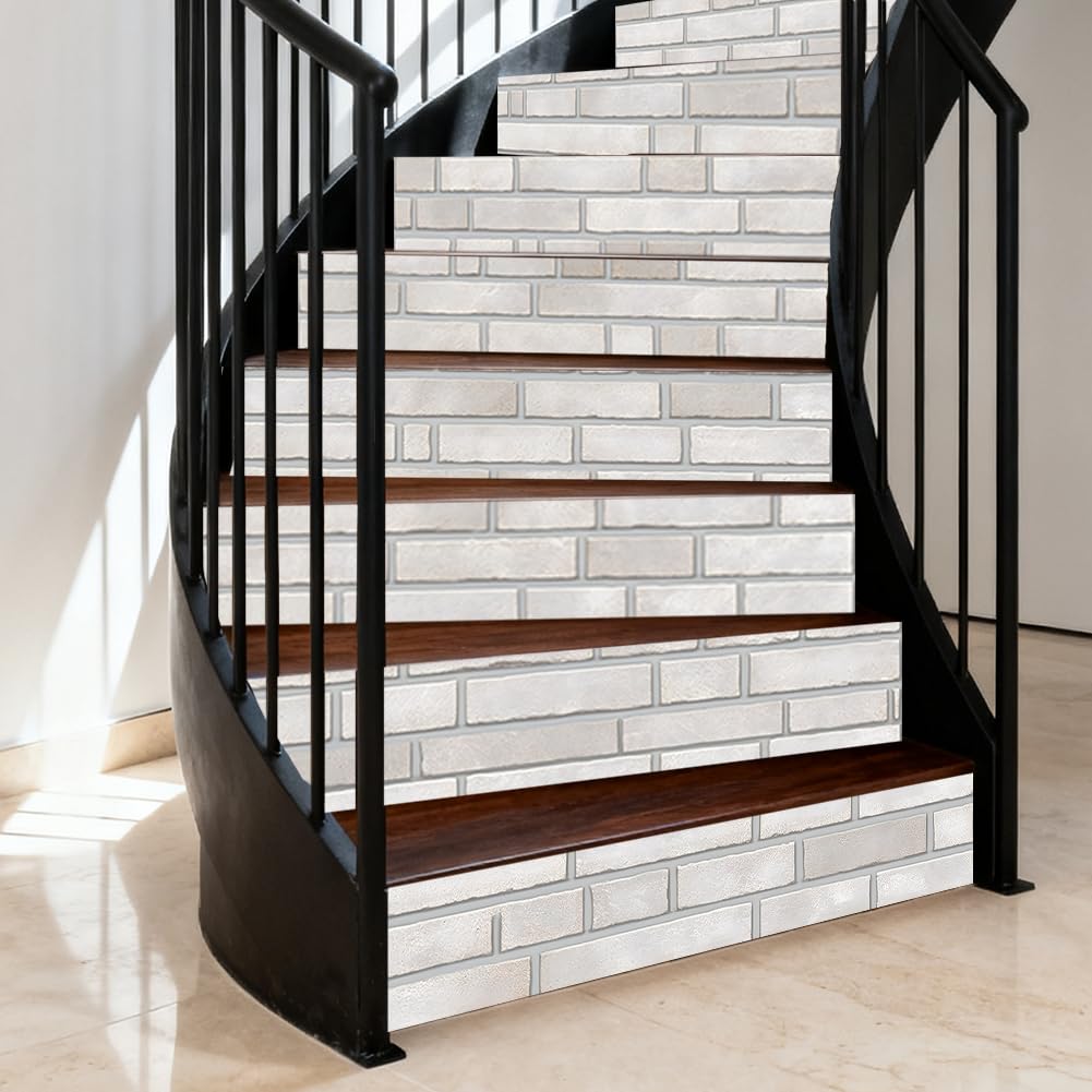 Hpbbspring 15Pcs Staircase Stickers Realistic White Brick Wall Tile Stickers Beauiful Self-Adhesive Water Proof Staircase Decor for Steps Bedroom Balcony Bars 39.3" W x 7.08" H