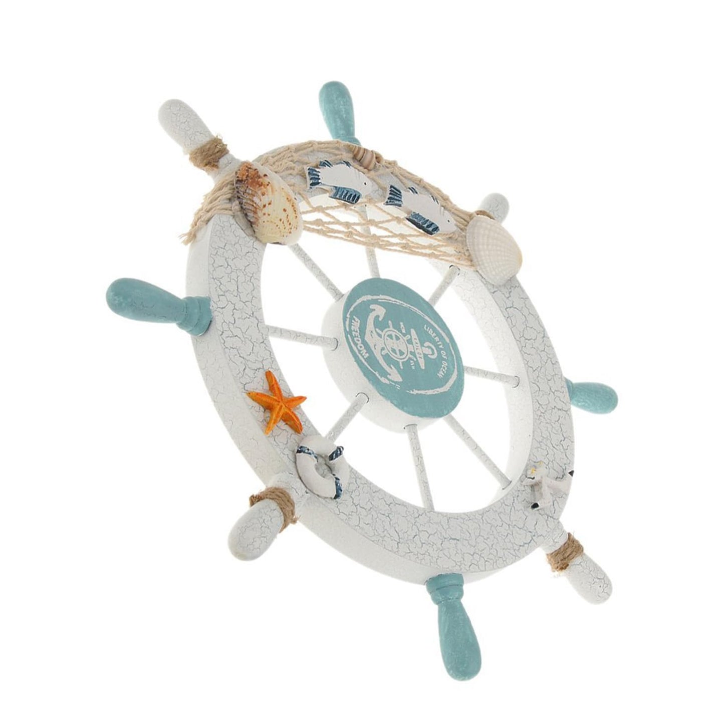 Rienar Nautical Beach Wooden Boat Ship Steering Wheel Fishing Net Shell Fish Home Wall Décor(11" Diameter)