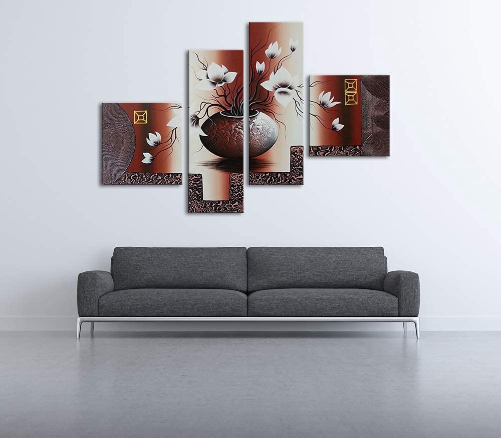 Wieco Art Huge Size Artwork 4 Panels 100% Hand-painted Modern Canvas Wall Art Elegant Flowers Paintings for Wall Decor Floral Oil Paintings on Canvas Art