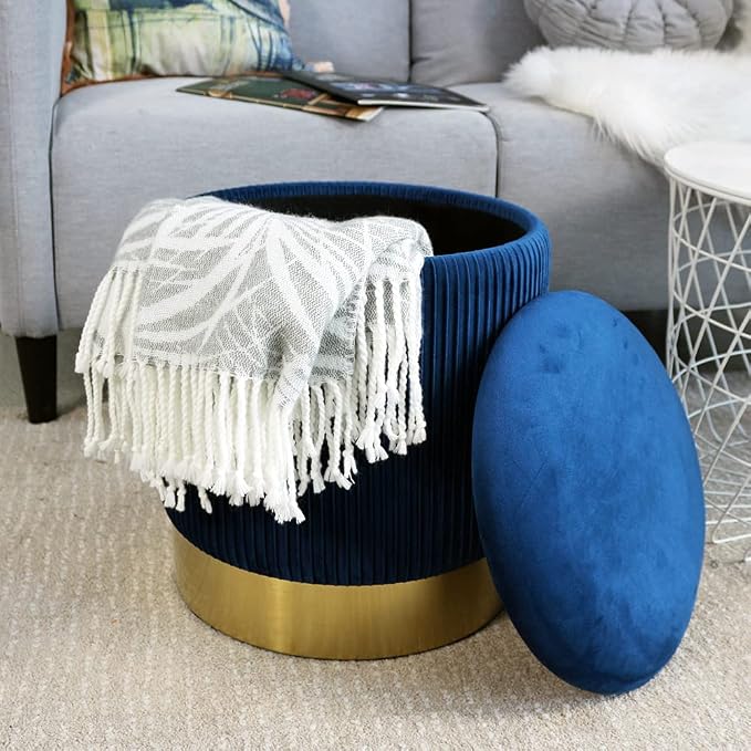 YYW HOME Navy Round Ottoman with Storage Set of 2 Vanity Stool Foot Rest with Removable Lid White Velvet Storage Ottoman Stool for Living Room and Dorm