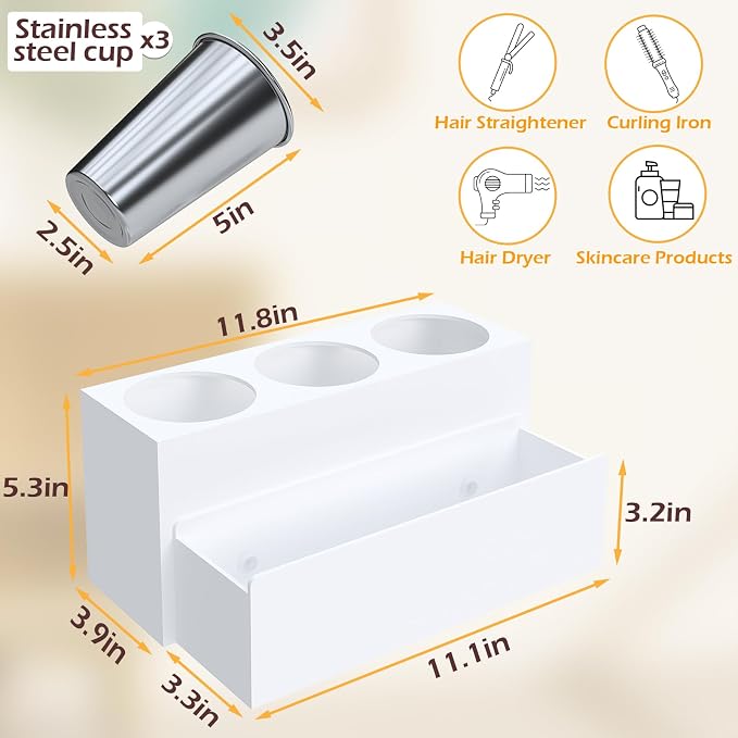 Hair Tool Organizer, Removable Blow Dryer Holder for Bathroom, Hot Tools Organizer For Hair Dryer, Blow Dryer, Curling Iron, Hair Straightener, Bathroom Countertop Organizer, Matte White