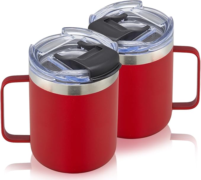 12oz Stainless Steel Insulated Coffee Mug with Handle, Double Wall Vacuum Tumbler Cup with Fliping Lid, Red, 2 Pack