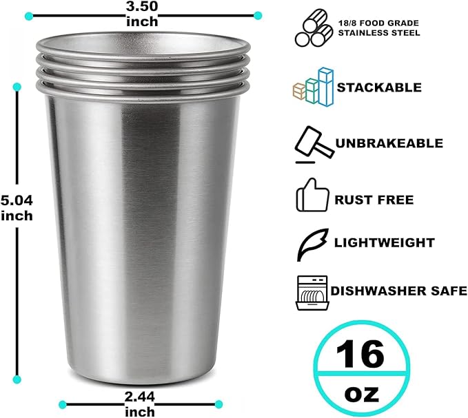 12 Pack 16oz Stainless Steel Pint Cup,Healthy Unbreakable and Stackable,Metal Drinking Glasses，Beer Glasses
