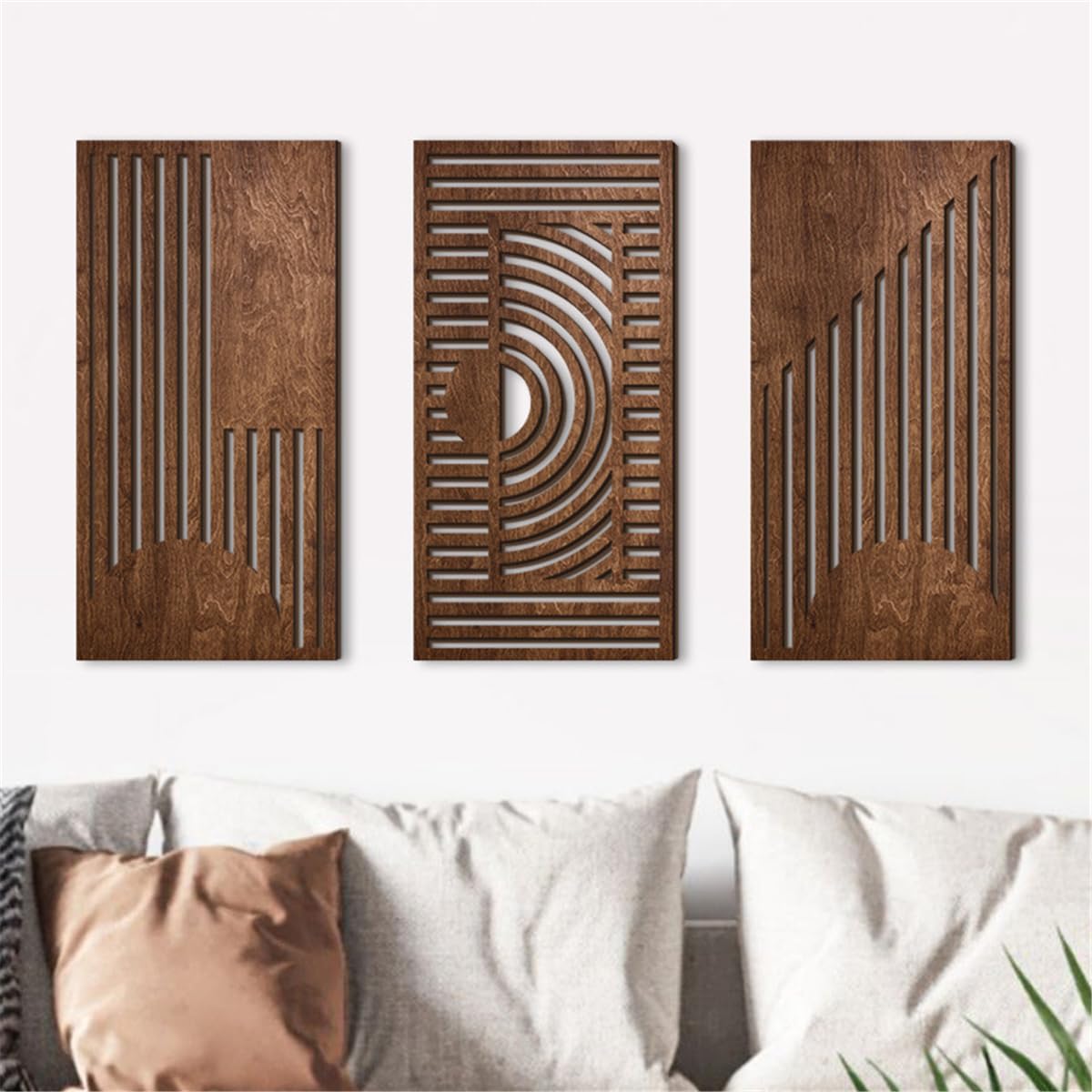 3 Pcs Geometric Wood Wall Art Decor, Wooden Minimalist Wall Hanging Decor, 3D Hollow Carved Craft Art Set, Boho Abstract Wall Sculptures Panels Decoration for Home Living Room Bedroom Kitchen (B)
