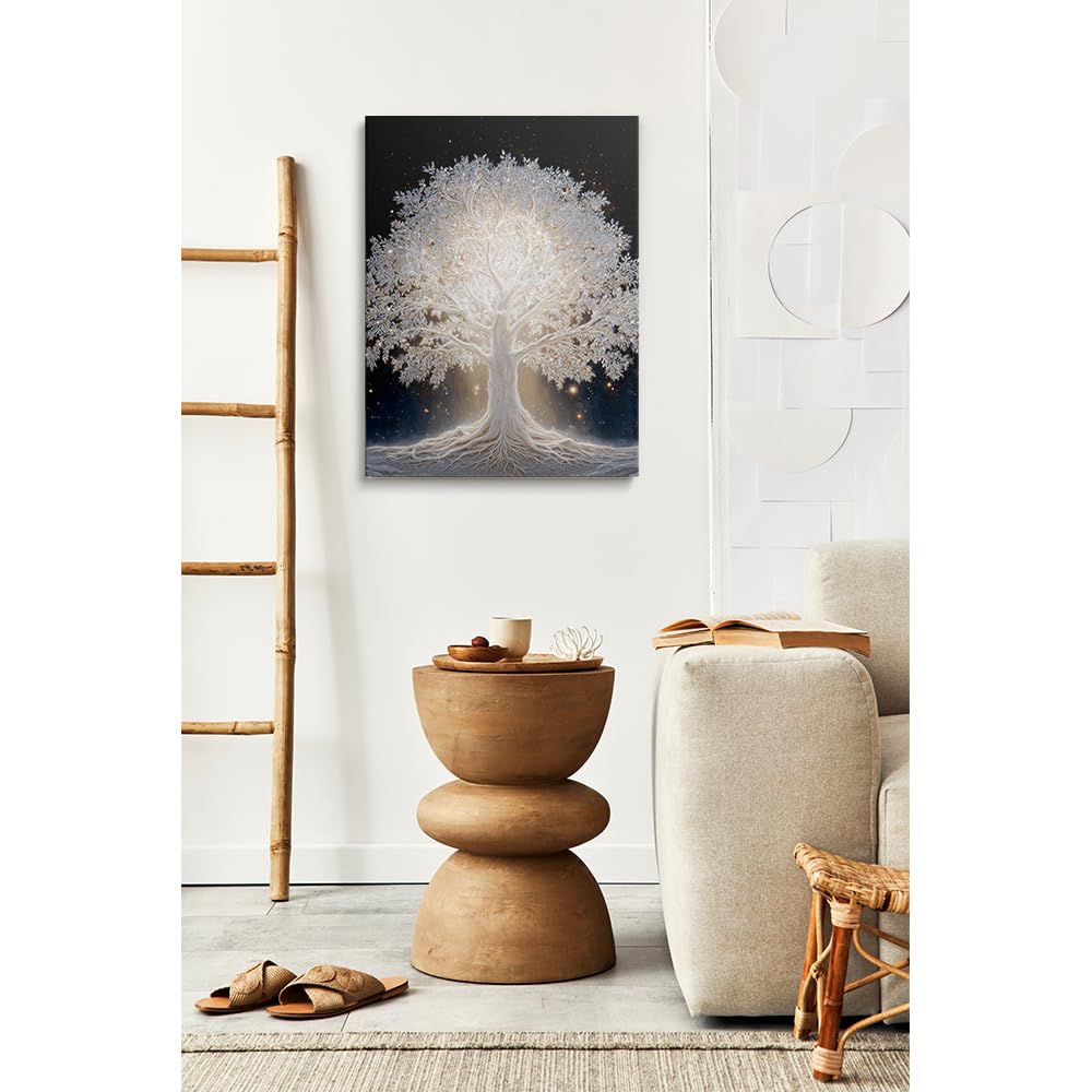 Glowing Tree of Life Under Starry Night Sky Abstract Canvas Wall Art Framed Mystical Fantasy Nature Painting Prints Posters Artwork for Modern Living Room Bedroom Wall Decor Unique Gift 12x16 Inches