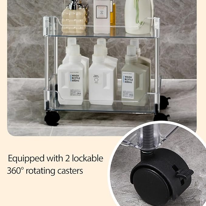 Betoveren 2 Tier Utility Rolling Cart Storage Organizer with Wheels Under Desk Mobile Bathroom Cart Organizer for Office Bathroom Home Kitchen Organization Transparent (Width 8.85 Inches)