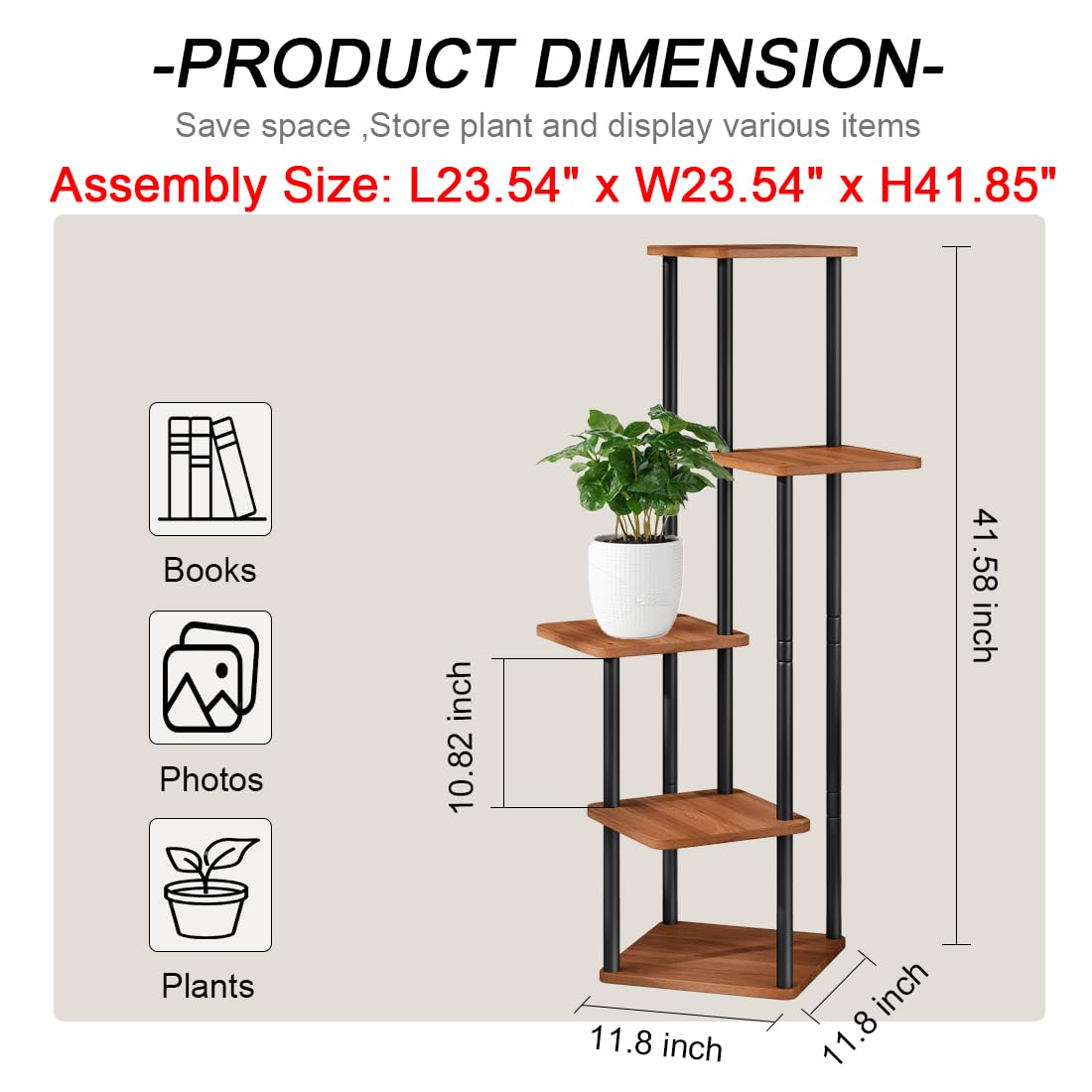 AZERPIAN Plant Stand 5 Tier Indoor Metal Flower Shelf for Multiple Plants Corner Tall Flower Holders for Patio Garden Living Room Balcony Bedroom, Walnut (5 Tier-Walnut)