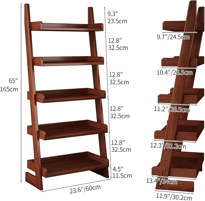 5 Tier Ladder Shelf, Leaning Bookshelf with Wood Frame, 5 Shelf Tall Bookcase Standing Storage Organizer Solid Wood Storage Shelves for Living Room, Bedroom, Home Office (Walnut)