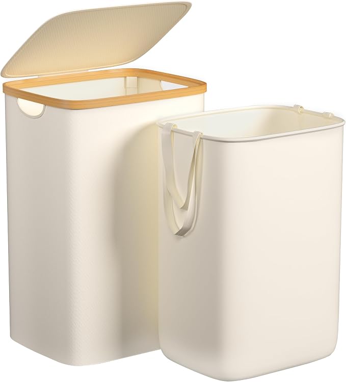 Foluck Large Laundry Hamper, 75L Waterproof Laundry Basket with Lid and Removable Bag, Collapsible Tall Clothes Hamper with Bamboo Handles for Clothes Toys in Dorm Bedroom Bathroom, Beige, ZYL201-W