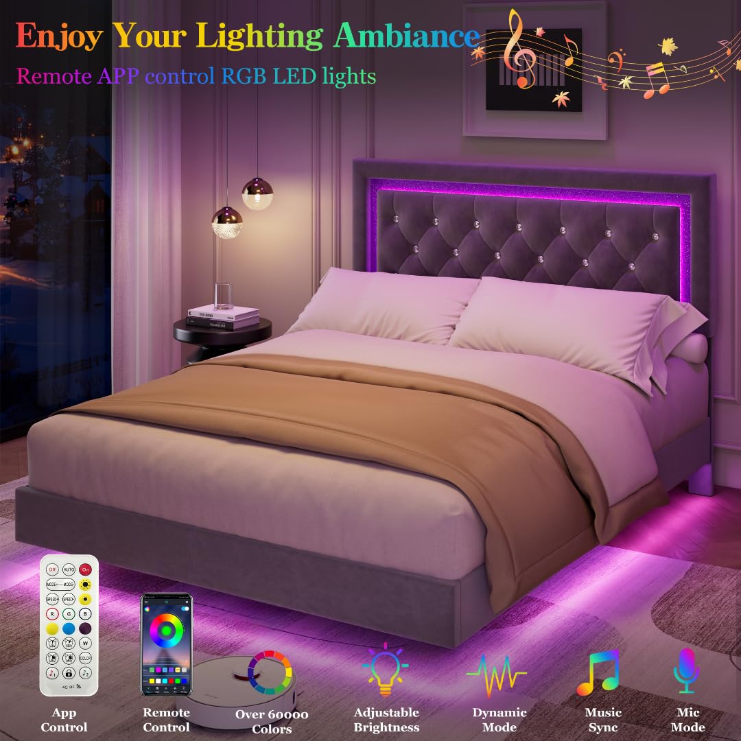 IDEALHOUSE Floating Queen Platform Bed Frame with Smart LED Lights – Modern Upholstered Diamond Headboard, Sturdy Wood Slats, Noise-Free, Easy Assembly, Sturdy Bedroom Furniture