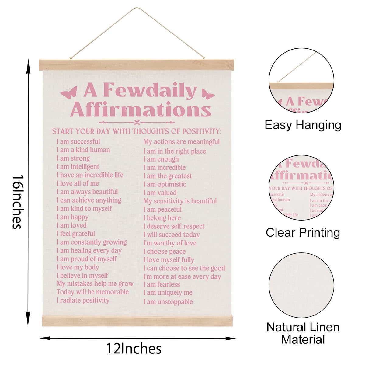 HKDGVRTB Motivational Positive Affirmations Pink Wall Decor,A Few Daily Affirmations Wall Art for Teen Girls Inspirational Gifts for Women, Pink Bedroom Classroom Office Decor