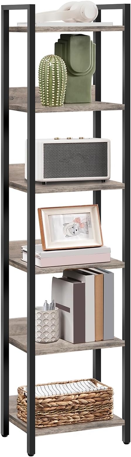 MAHANCRIS Bookshelf, 6-Tier Bookcase, Standing Book Shelf for Small Space, Storage Shelf Organizer, for Living Room, Bedroom, Study, Balcony, Greige and Black BKHG6601