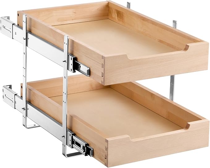 VEVOR 2 Tier Pull Out Cabinet Organizer, 14" W x 21" D Cabinet Drawer, Soft Close Slide out Shelf, Heavy-Duty Sliding Wood Drawer, Adjustable Base Cabinet Organization for Kitchen Pantry Bathroom