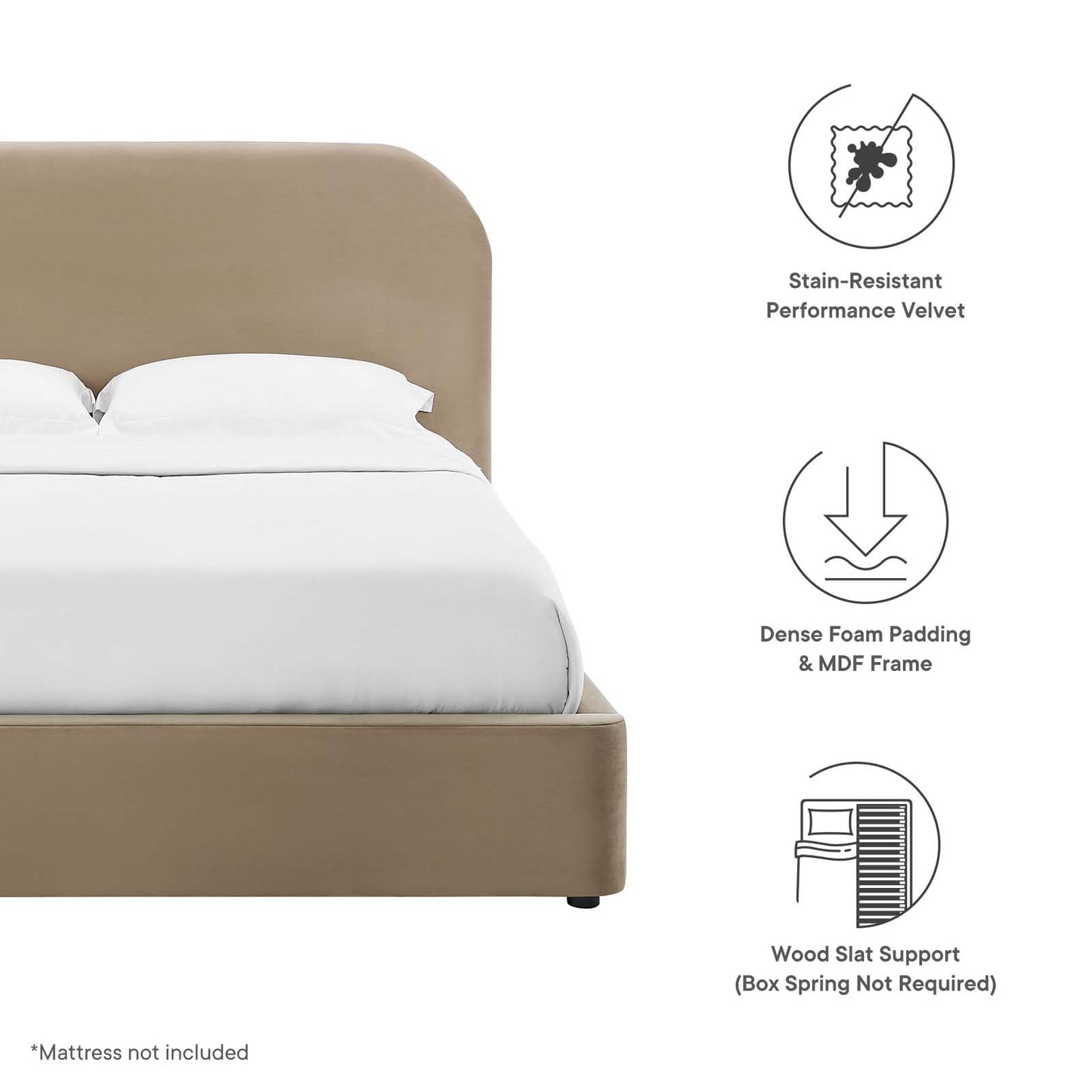 Modway Keynote Modern King Size Bed Frame with Curve Shaped Headboard in Taupe, Upholstered Performance Velvet King Platform Bed, Soft Cloud Bed Frame, No Box Spring Needed