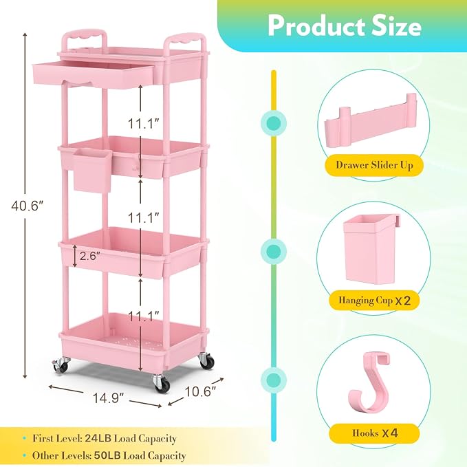 SUNALLY Makeup Cart Organizer with Drawers, 4 Tier Floor Skincare Organizers for Vanity, Rolling Makeup Bathroom Storage Cart Cosmetics Display Cases for Skin Care Perfume Nail Polish, Pink