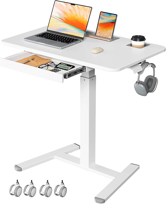 Mobile Standing Desk with Drawer, 32" Rolling Desk with Cup Holder and Hooks, Portable Laptop Cart on Wheels, Height Adjustable Workstation with Storage for Home Office, White