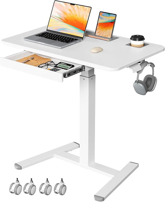 Mobile Standing Desk with Drawer, 32" Rolling Desk with Cup Holder and Hooks, Portable Laptop Cart on Wheels, Height Adjustable Workstation with Storage for Home Office, White