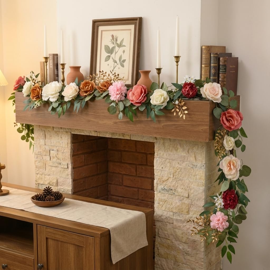 Valery Madelyn Pre-Lit Spring Flower Garland for Mantle with Lights, 6 feet Fake Roses Artificial Floral Vines Hanging Garland Decorations for Mothers Day Wedding Anniversary Party Table Home Decor
