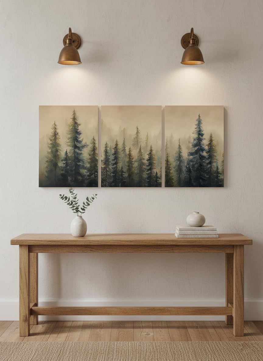 Foggy Forest 3 Piece Canvas Wall Art - Moody Pine Tree Misty Mountain Triptych - Framed Nature Greenery Landscape Prints - Large Modern Farmhouse Woodland Decor for Living Room Bedroom Office - Ready to Hang