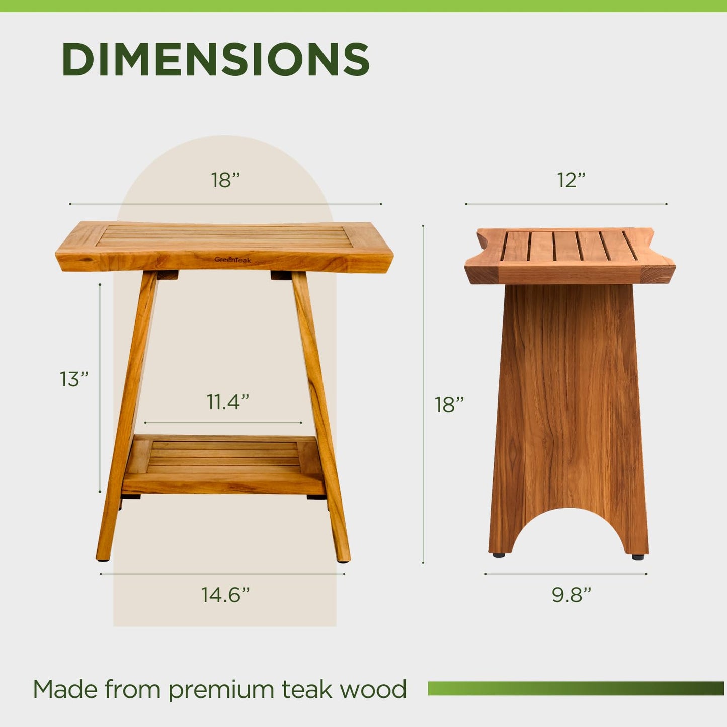 GREENTEAK Premium 18" Teak Wood Shower Bench, Waterproof Teak Shower Stool, Non-Slip Feet for Enhanced Safety, Spa Bath Seat for Bathroom, Indoor & Outdoor Use, 300 lb (Upgrade 18" 2-Tier, Straight)
