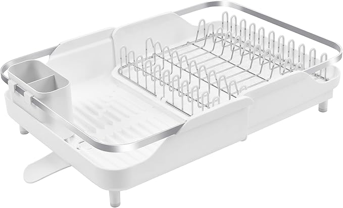 Better Houseware Expandable Dish Drying Rack - Space-Saving Stainless Steel Dish Racks for Kitchen Counter with drainboard and Detachable Cutlery Holder, Large, White