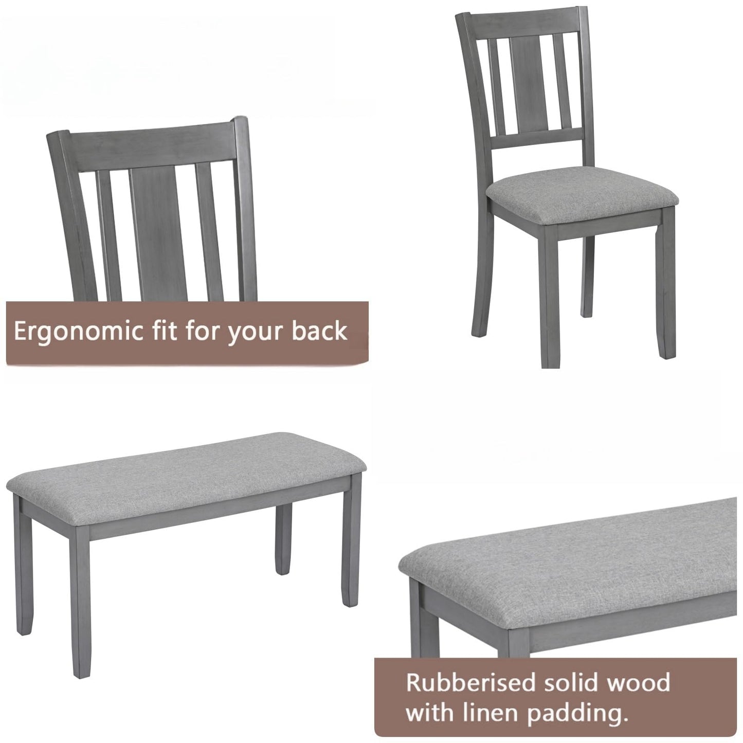 Trygoal Dining Table Set for 6, 6-Piece Kitchen Table Chairs Set with Rectangular Table, 4 Slatted Upholstered Chairs and Bench, Wooden Farmhouse Rustic Style Kitchen Dining Set for 6 Person, Gray